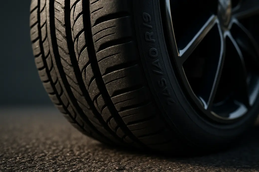 Close-up macro photograph of a single 245 40 R19 car tire mounted on a vehicle, showing detailed tread pattern and vulcanized rubber texture, slightly deformed due to correct tire pressure, making clear contact with coarse asphalt under surface, with blurred background.