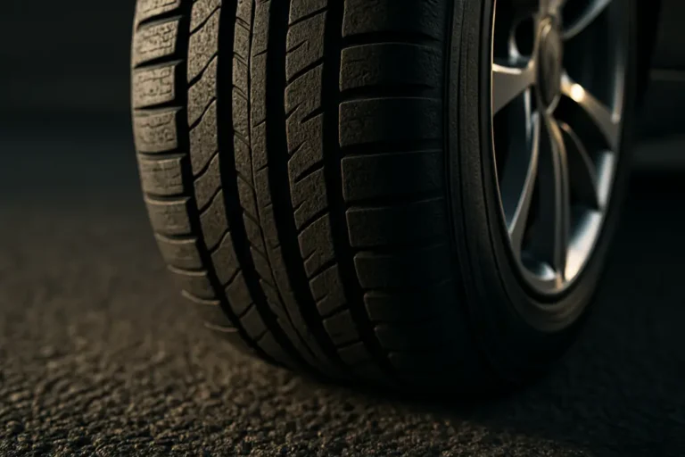 Close-up photo of a single car tire mounted on a vehicle showing detailed rubber texture and tread pattern on coarse asphalt surface with blurred neutral background