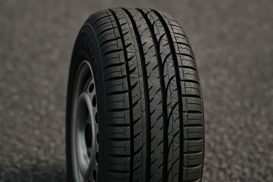 Macro close-up photo of a single 175-60-R15 car tire mounted on a wheel showing detailed rubber texture and tread pattern with a blurred coarse asphalt background.