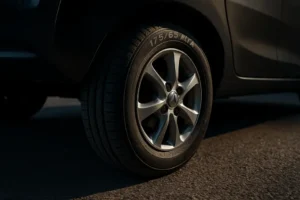 Close-up photograph of a single 175/65 R15 car tire mounted under a compact hatchback or mid-sized sedan, showing detailed vulcanized rubber tread texture and coarse asphalt surface beneath.