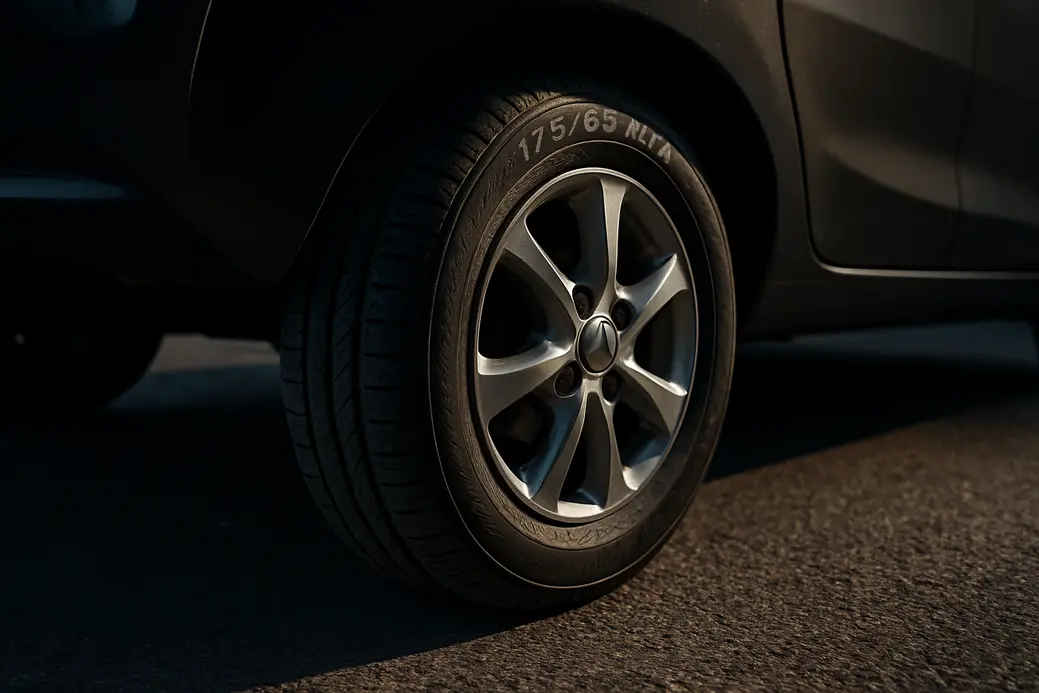 Close-up photograph of a single 175/65 R15 car tire mounted under a compact hatchback or mid-sized sedan, showing detailed vulcanized rubber tread texture and coarse asphalt surface beneath.