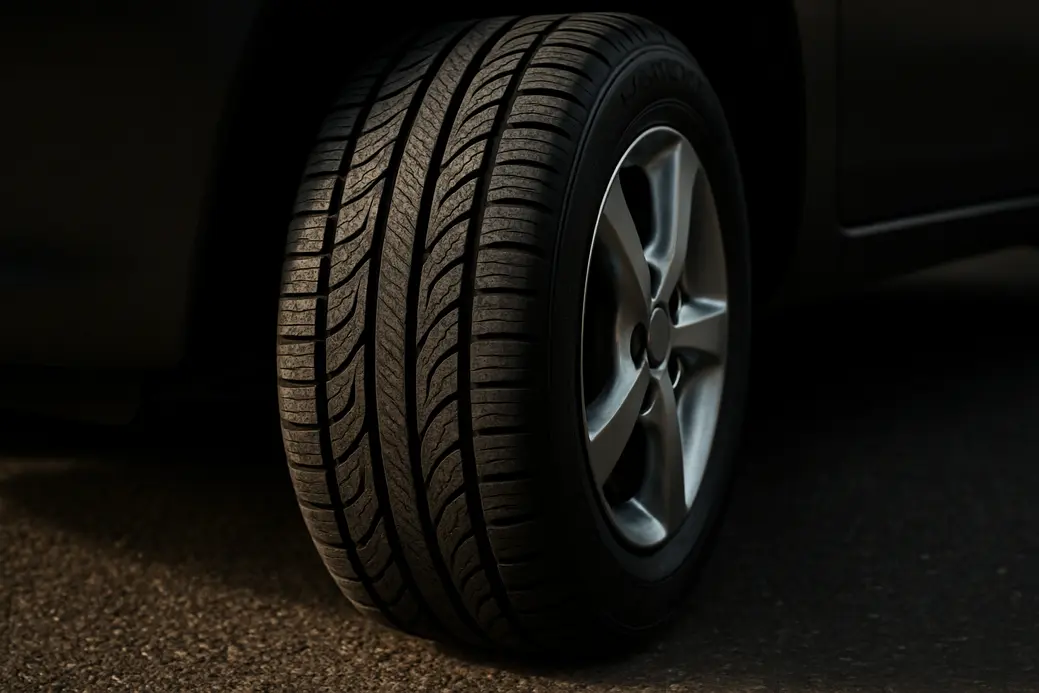 Close-up photograph of a single 185/55 R15 car tire mounted on a vehicle, showing detailed rubber texture and tread pattern, placed on a coarse asphalt road surface.