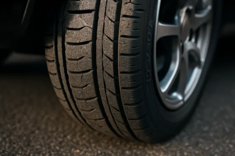 Macro photo of a single 195/50 R15 car tire mounted on a vehicle, showing detailed tread pattern and vulcanized rubber texture in contact with coarse asphalt, highlighting optimal tire pressure and grip