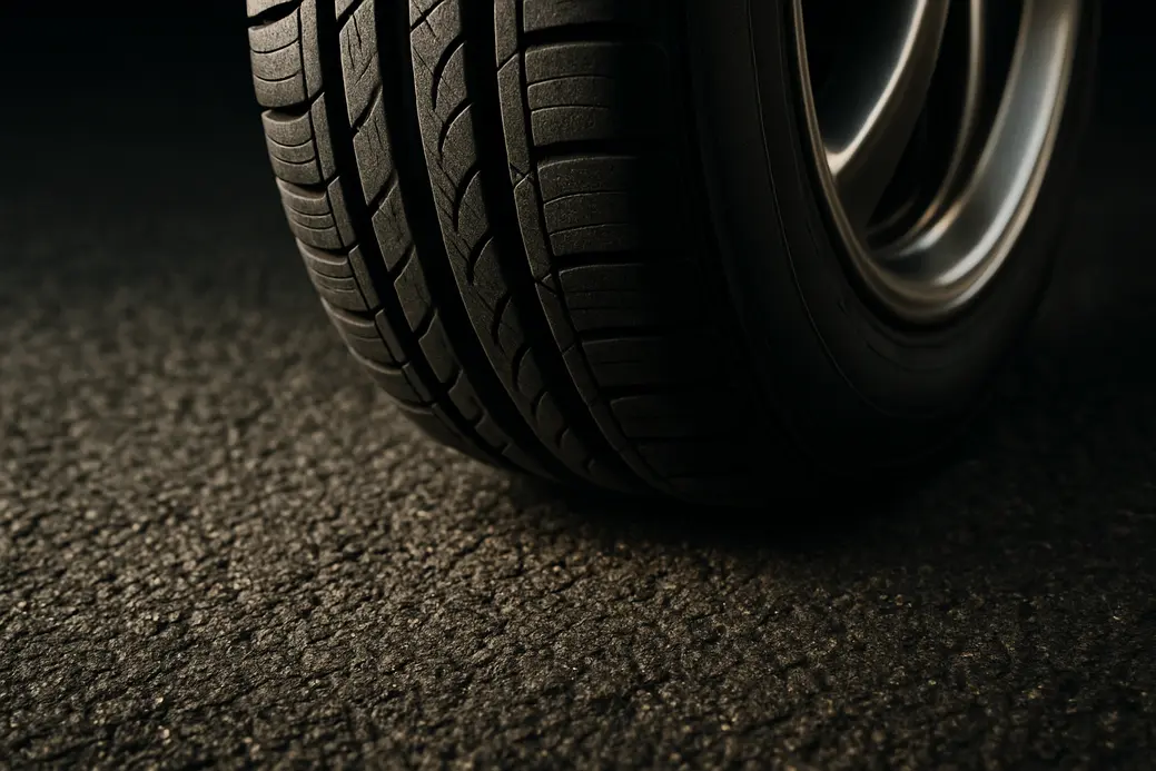 Close-up photo of a single car tire mounted on a vehicle, showing detailed tire contact patch with asphalt and subtle rubber deformation indicating optimal pressure.