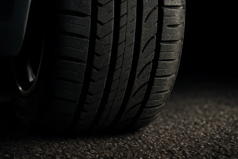 Close-up macro photograph of a single 215/50 R17 car tire mounted on a vehicle, showing slight tread deformation at the contact patch with coarse asphalt, highlighting rubber texture and pressure distribution