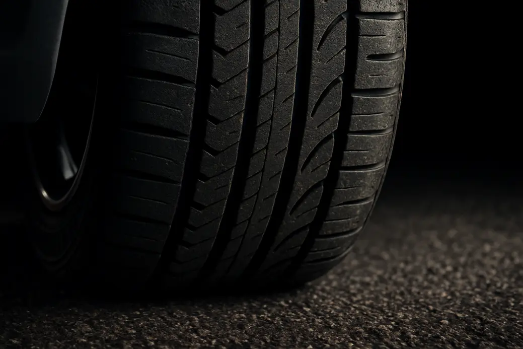 Close-up macro photograph of a single 215/50 R17 car tire mounted on a vehicle, showing slight tread deformation at the contact patch with coarse asphalt, highlighting rubber texture and pressure distribution