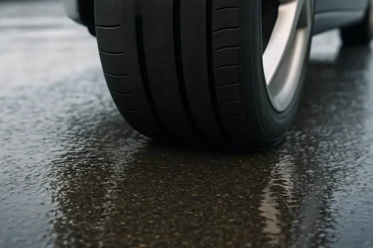 Close-up photo of a single new car tire mounted on a vehicle, showing smooth rubber tread and contact with wet asphalt during emergency braking