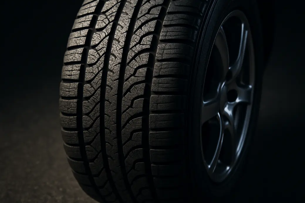 Close-up macro photograph of a single car tire mounted on a vehicle, showing detailed rubber texture and tire tread pattern against a neutral asphalt background.