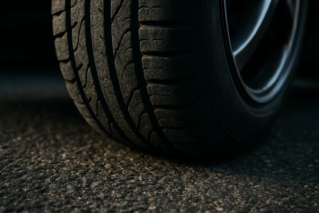 Close-up macro photograph of a single car tire mounted on a vehicle, showing detailed rubber texture with varied tread depth and wear, in contact with coarse asphalt surface under dramatic side lighting.