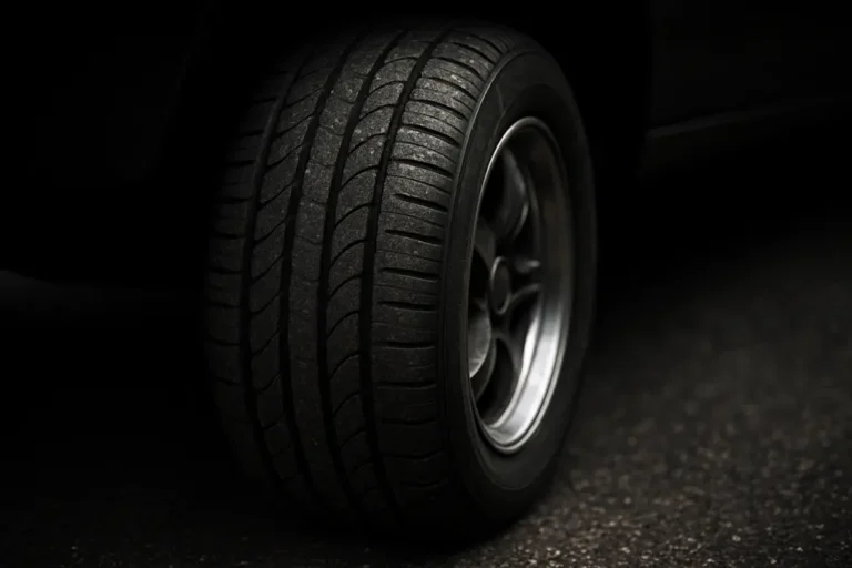 Macro fotografie van een autoband gemonteerd op de achteras, zichtbaar de textuur van het rubber en het bandprofiel, scherp gefocust op de contactzone met het asfalt