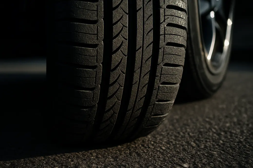 Macro view of a single car tire mounted on a vehicle, focusing on the tire tread and rubber texture in contact with coarse asphalt, showing correct alignment and detailed profile under dramatic side lighting.