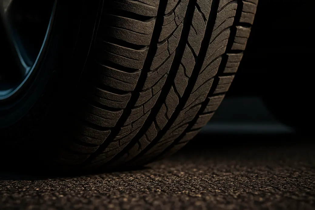 Close-up macro shot of a single car tire 185 65 R15 mounted under a vehicle, showing natural lateral rubber deformation pressing against detailed coarse asphalt, highlighting realistic tread and tire pressure.