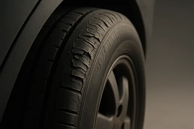Macro close-up photo of a single car tire mounted on a vehicle showing clear damage to the tire sidewall with torn rubber, vehicle partially visible with neutral background