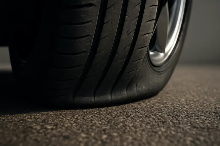 Close-up macro photo of a single car tire mounted on a vehicle showing slight rubber deformation and a flattened contact patch on coarse asphalt, illustrating a slow leak.