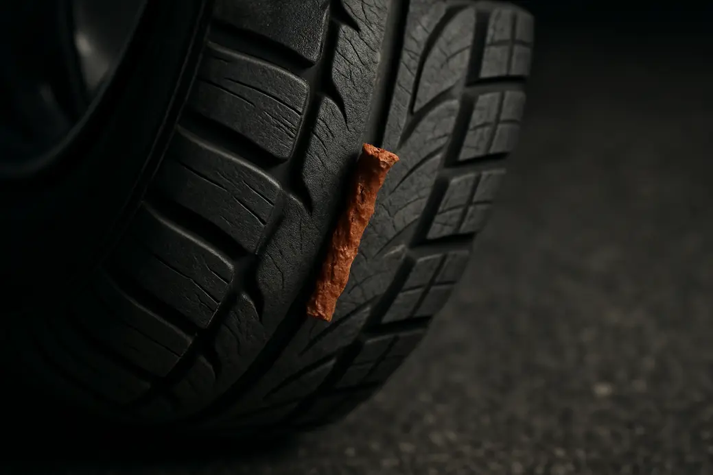Macro close-up of a car tire mounted on a vehicle showing a flexible rubber plug inserted in a puncture within the tread, with detailed rubber textures and a blurred asphalt or neutral studio background