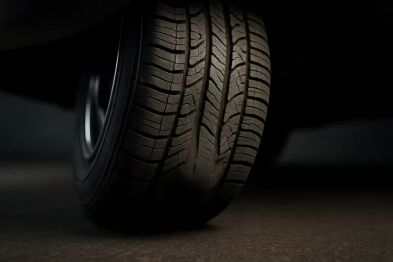 Macro close-up of a single car tire mounted under a vehicle showing detailed vulcanized rubber texture and tread pattern with subtle deformation indicating internal damage, against a neutral blurred background.