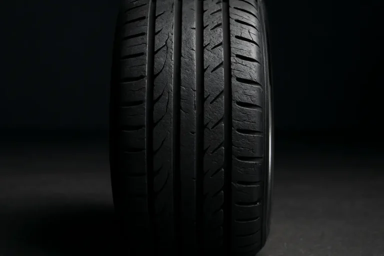 Close-up photograph of a single car tire mounted on a vehicle, showing detailed tread and rubber texture with minor wear, placed on asphalt or studio floor background