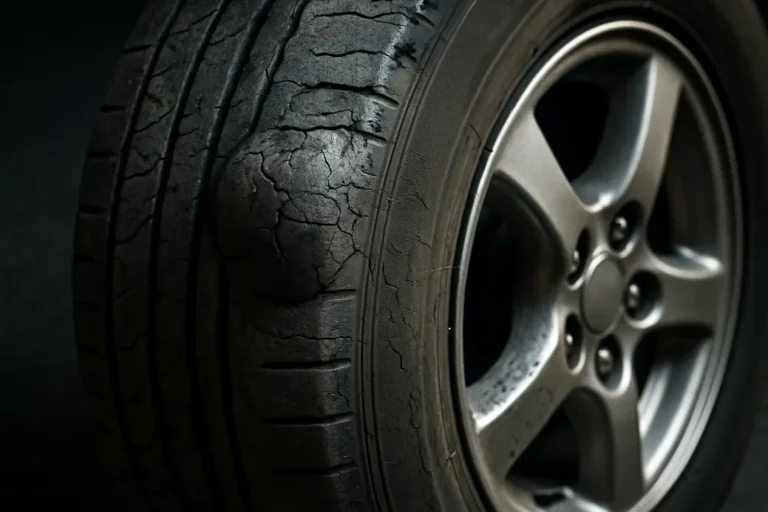 Macro close-up of a single damaged car tire mounted on a vehicle, showing cracked and bulging sidewall and cracked tread, against a neutral asphalt or studio background