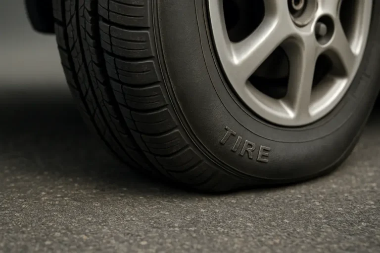 Close-up photo of a single car tire mounted on a vehicle showing subtle sagging on the tire sidewall indicating a slow air leak, with a coarse asphalt or neutral studio background.