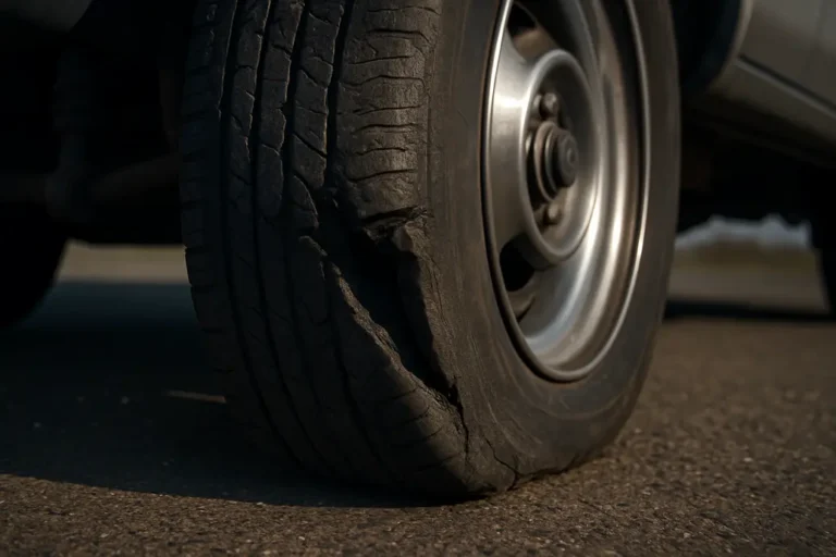 Close-up photo of a single car tire mounted on a vehicle showing clear physical damage such as a tear or deformation on the tire tread or sidewall, set against a realistic coarse asphalt background with visible wheel suspension components.