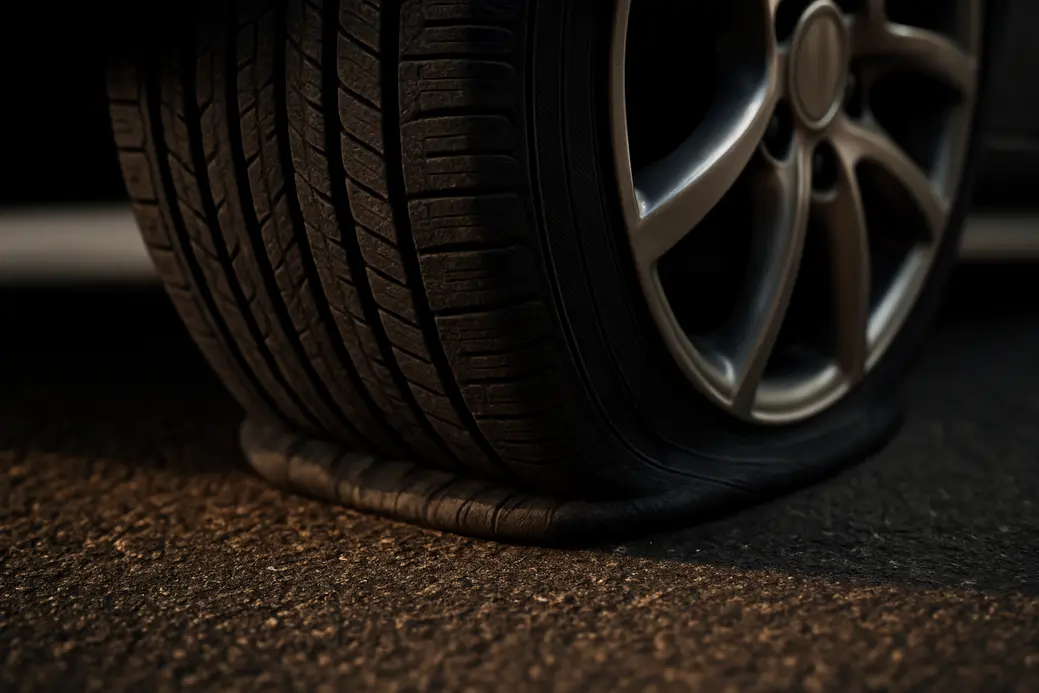 Close-up macro photograph of a flattened car tire mounted on a vehicle, showing deformed sidewall pressed against rough asphalt, emphasizing damage from missing air pressure.