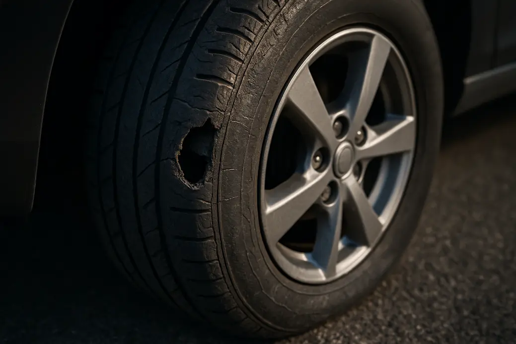 Close-up photo of a single car tire mounted on a vehicle with visible damage on the rubber and coarse asphalt below, highlighting the importance of repair.