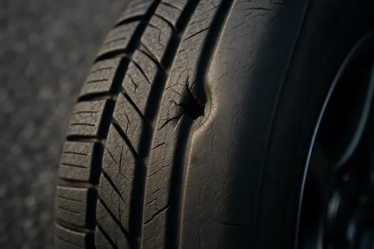 Macro close-up photo of a single mounted car tire showing a detailed puncture or damage in the tread or sidewall, with clear rubber texture and a realistic coarse asphalt background.