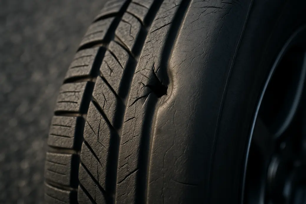 Macro close-up photo of a single mounted car tire showing a detailed puncture or damage in the tread or sidewall, with clear rubber texture and a realistic coarse asphalt background.