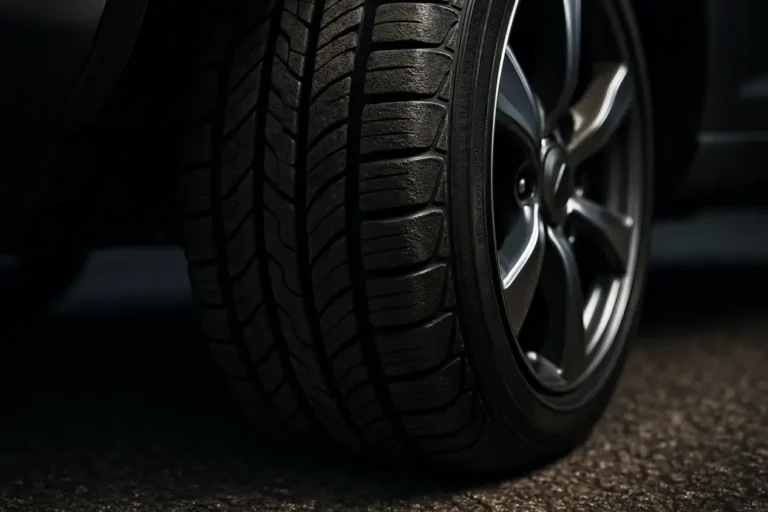 Macro close-up photograph of a single car tire mounted on a car, showing detailed vulcanized rubber texture and contact with coarse asphalt surface, emphasizing balanced weight distribution.