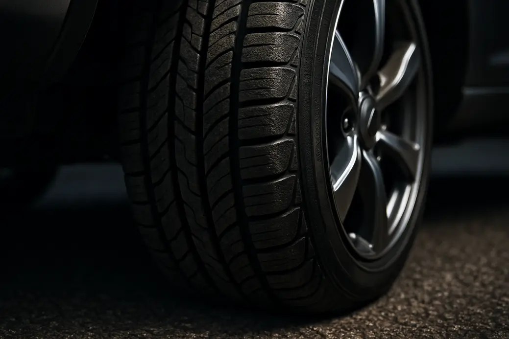 Macro close-up photograph of a single car tire mounted on a car, showing detailed vulcanized rubber texture and contact with coarse asphalt surface, emphasizing balanced weight distribution.