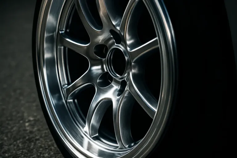 Close-up photo of a polished car rim mounted on a vehicle, showing the shiny aluminum surface and detailed metal texture with a smooth, reflective finish against a neutral, slightly blurred background.