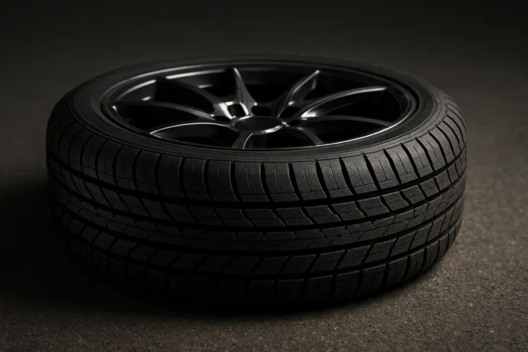 Close-up macro photograph of a single car tire mounted on a rim lying horizontally on a coarse asphalt or studio surface, showing detailed vulcanized rubber texture and tire tread pattern with rim reflections and dramatic side lighting