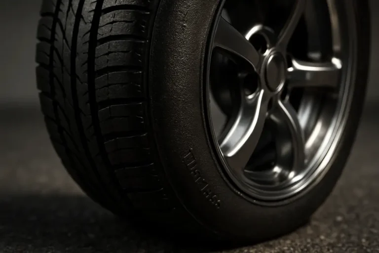 Macro photograph of a single tubeless car tire mounted on a rim on a coarse asphalt surface, detailed focus on the airtight seal between tire and rim, showing vulcanized rubber texture and metal rim reflections under dramatic side lighting