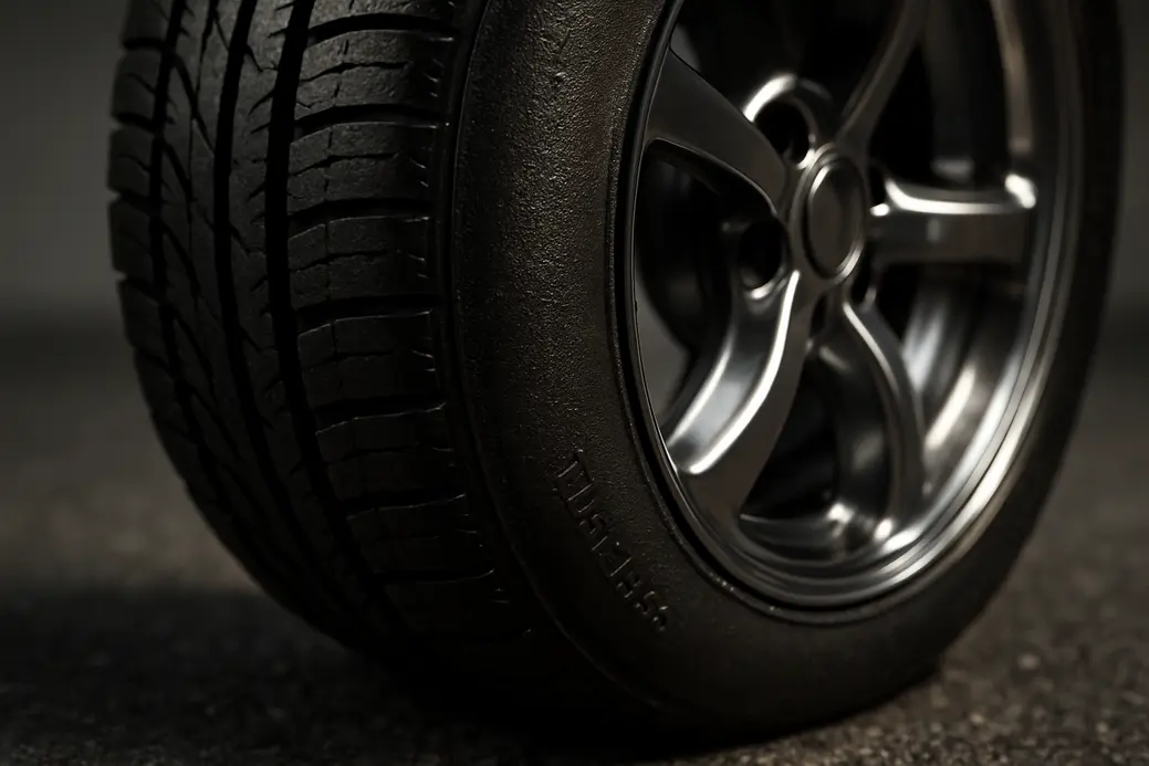 Macro photograph of a single tubeless car tire mounted on a rim on a coarse asphalt surface, detailed focus on the airtight seal between tire and rim, showing vulcanized rubber texture and metal rim reflections under dramatic side lighting