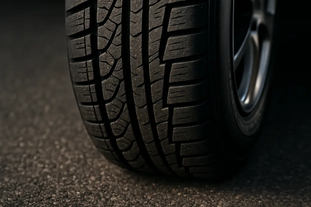 Close-up macro photograph of a single car tire mounted on a vehicle showing detailed tread pattern and rubber texture on a coarse asphalt surface.