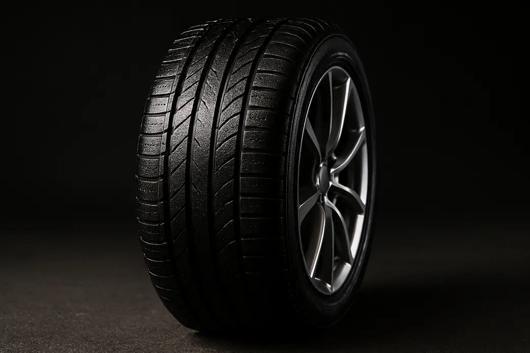 Close-up macro photo of a single car tire mounted on a vehicle showing rubber treated with a band dressing product, highlighting the glossy texture and protective effect on the vulcanized rubber, with a neutral asphalt or studio background.