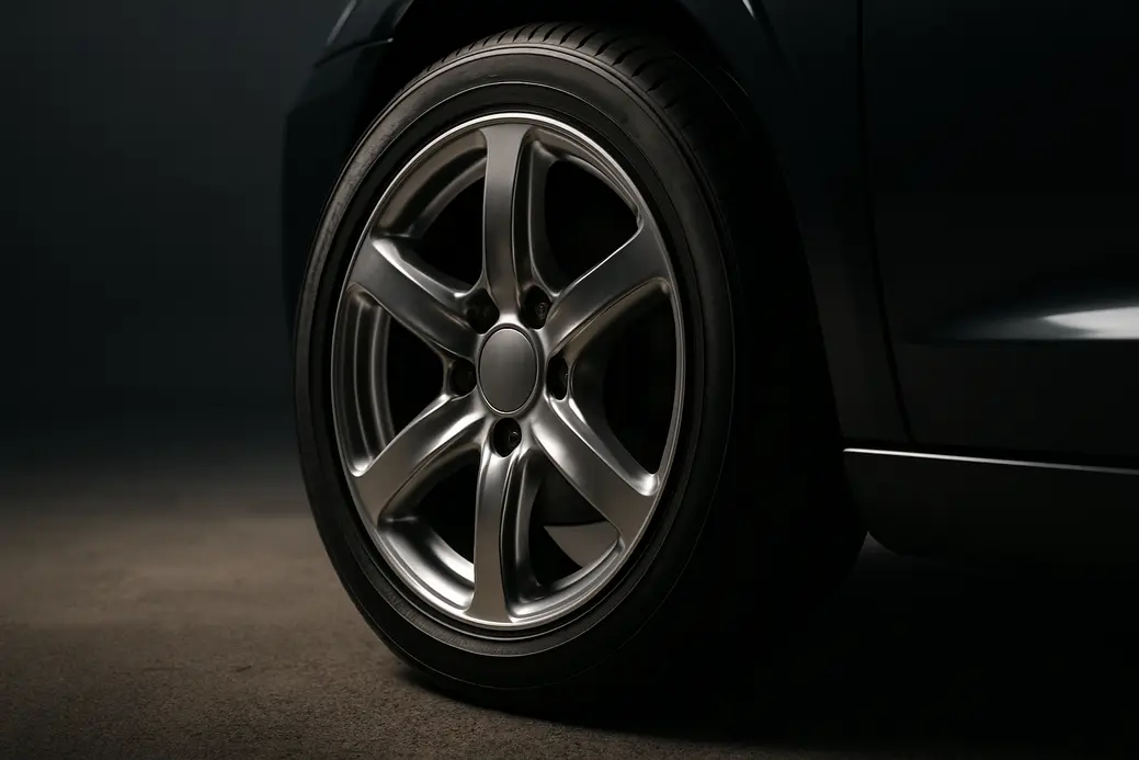 Close-up photo of a single alloy wheel mounted on a car, showing glossy freshly painted surface with reflections and detailed textures, set against an asphalt or studio floor background.