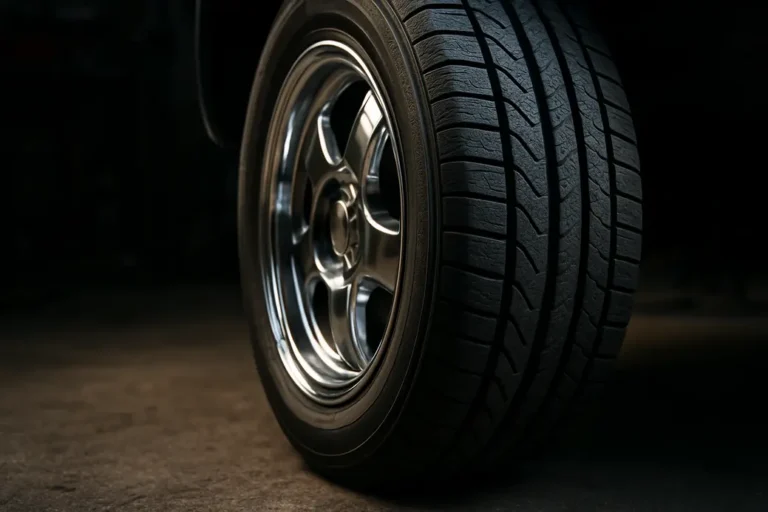 Close-up macro photo of a single car tire mounted on a vehicle, showing detailed rubber texture and metal rim in a realistic workshop environment