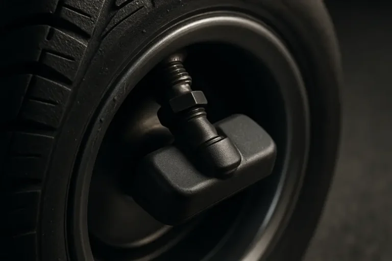Close-up macro photo of a car tire mounted on a vehicle showing the valve with a recessed tire pressure sensor, highlighting the integration of the sensor inside the valve against an asphalt or neutral studio background