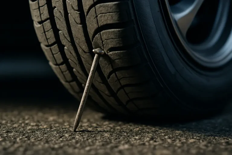 Macro close-up photo of a single car tire mounted on a vehicle showing a steel nail embedded in the tread, highlighting tire rubber texture and contact with coarse asphalt surface.