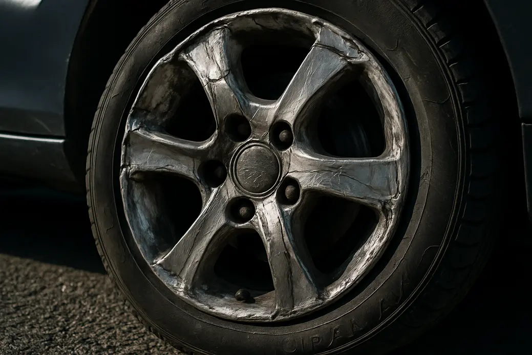 Close-up macro photograph of a damaged car rim mounted on a tire showing visible scratches, dents, cracks, deformations, and the coarse asphalt surface beneath.