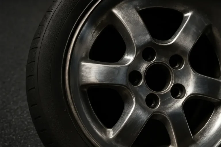 Macro photo of a single aluminum alloy wheel mounted on a car tire, showing detailed surface texture with light scratches and repaired polished areas, against a neutral asphalt or studio background
