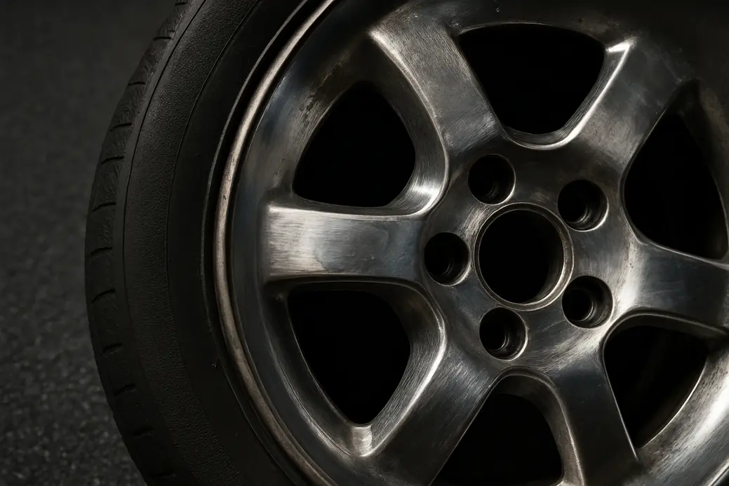 Macro photo of a single aluminum alloy wheel mounted on a car tire, showing detailed surface texture with light scratches and repaired polished areas, against a neutral asphalt or studio background