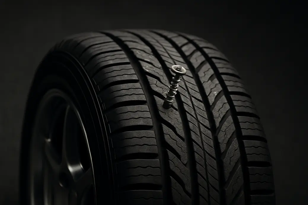 Macro close-up photo of a single car tire mounted on a vehicle with a sharp screw embedded in the tire tread, set against a coarse asphalt or studio background, with dramatic side lighting and rim reflections highlighting the penetration.