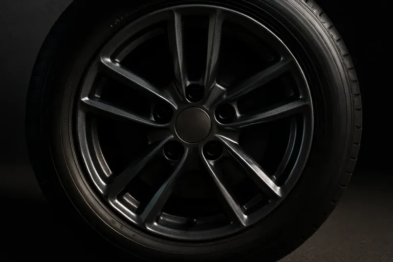 Close-up photo of a single car rim with glossy painted metal surface and visible protective lacquer, mounted on a tire with asphalt or studio background