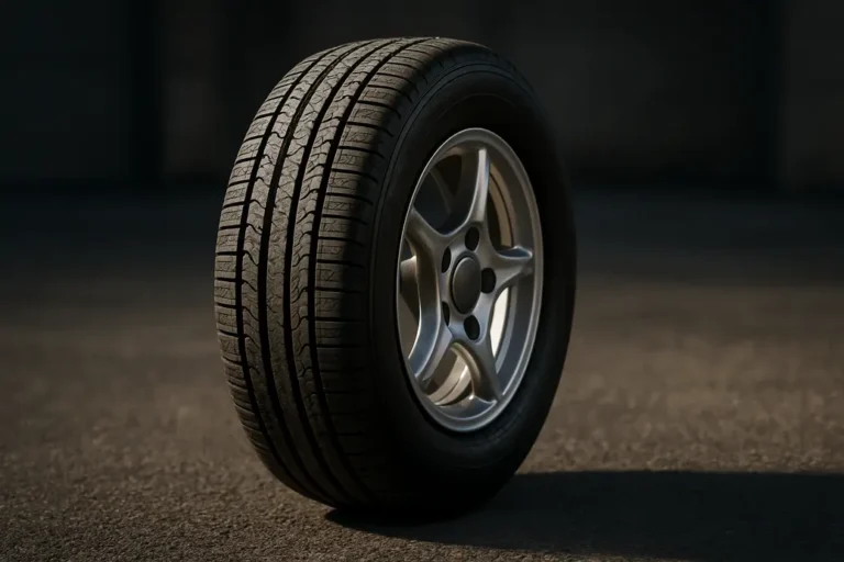 Close-up macro photo of a single rear car wheel correctly aligned on coarse asphalt, showing detailed tire tread and rim with clear angle relative to the road surface