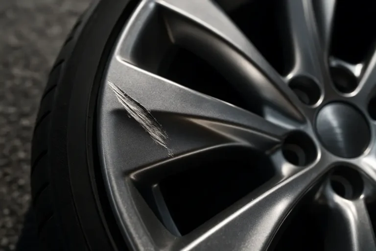 Close-up macro photograph of a scratched aluminum car wheel rim mounted on a tire, showing detailed surface damage on the metallic paint and metal texture, with a blurred coarse asphalt background.