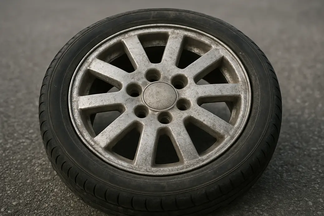 Close-up macro photograph of a single aluminium car rim mounted on a tire, showing detailed surface texture with dirt, brake dust, and corrosion against a coarse asphalt background.