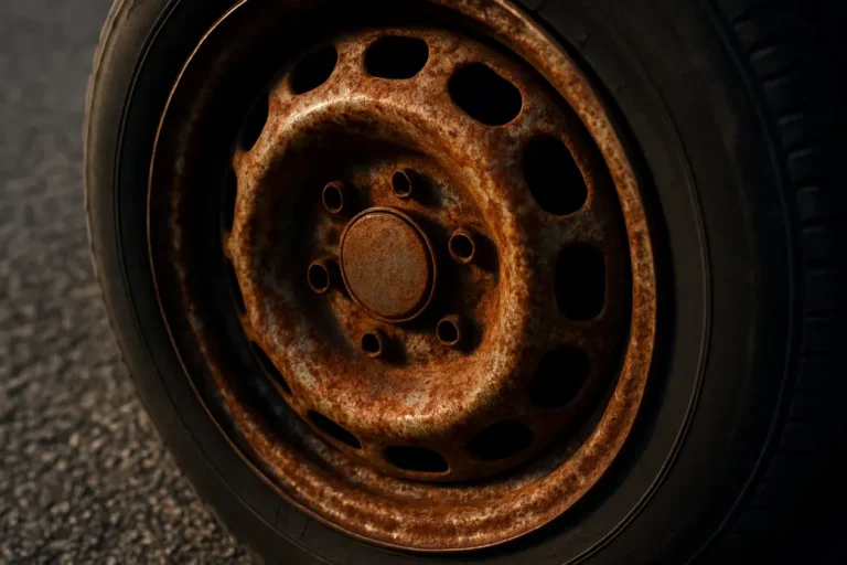 Close-up foto van één metalen autovelg met duidelijke roestplekken met bruine en oranje vlekken en korrelige roeststructuren, gemonteerd op een band, met een onscherpe asfaltachtergrond.