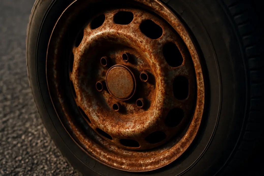 Close-up foto van één metalen autovelg met duidelijke roestplekken met bruine en oranje vlekken en korrelige roeststructuren, gemonteerd op een band, met een onscherpe asfaltachtergrond.